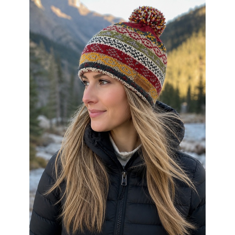 Pachamama Hand Knitted Wool Beanie Fair Isle Fleece Lined Pom Pom Winter Hat